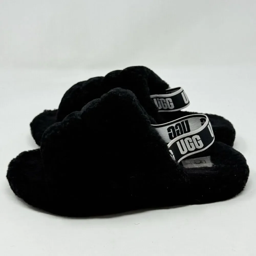 UGG Fluff Yeah Shearling Slingback Slippers Kids Girls 5 Black Red Open Toe